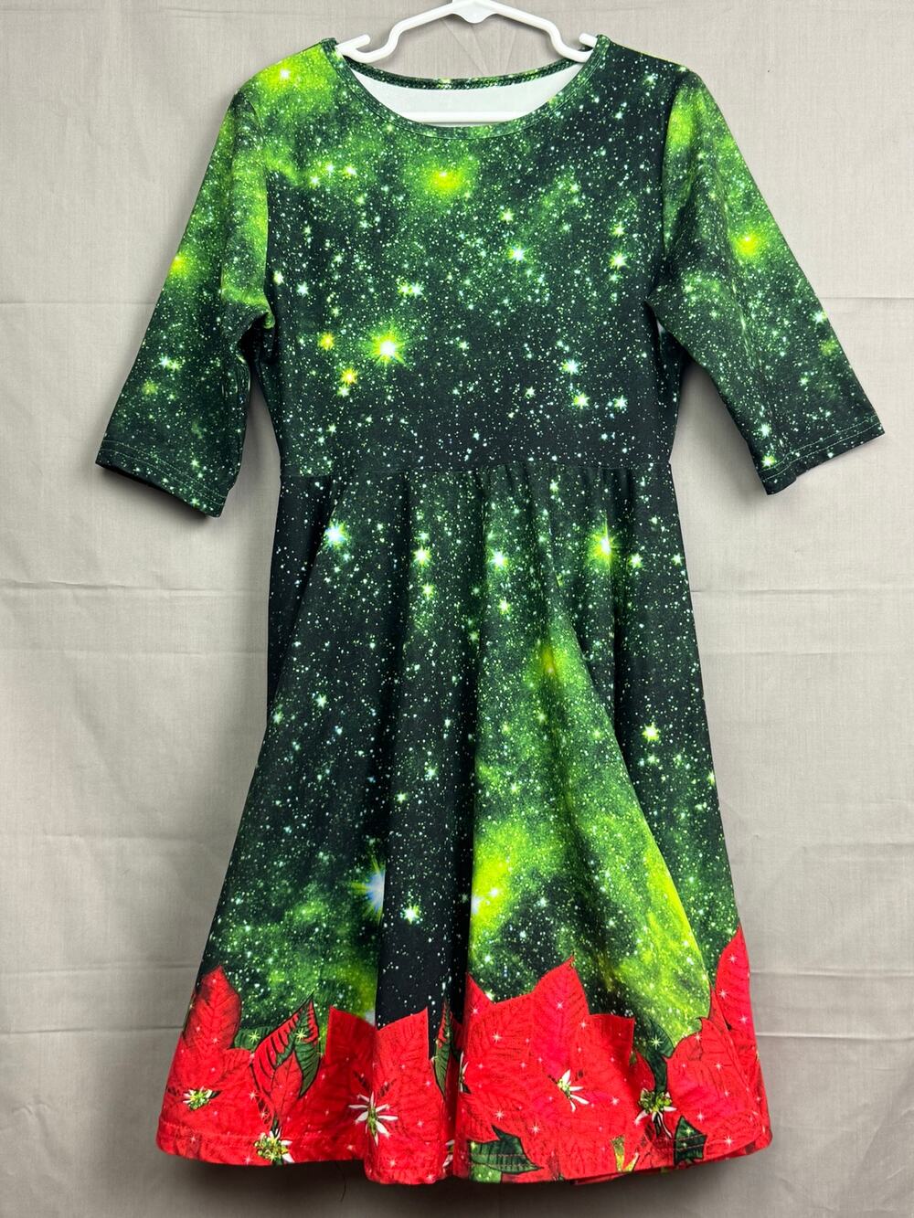 Girls Holiday Christmas Dress – Galaxy Star Print with Poinsettias, Size S